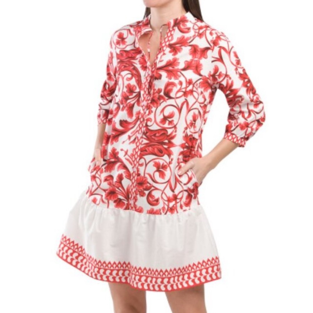 LINA TOMEI  Italy Three-quarter Sleeve Printed Drop Waist Mini Dress Size M